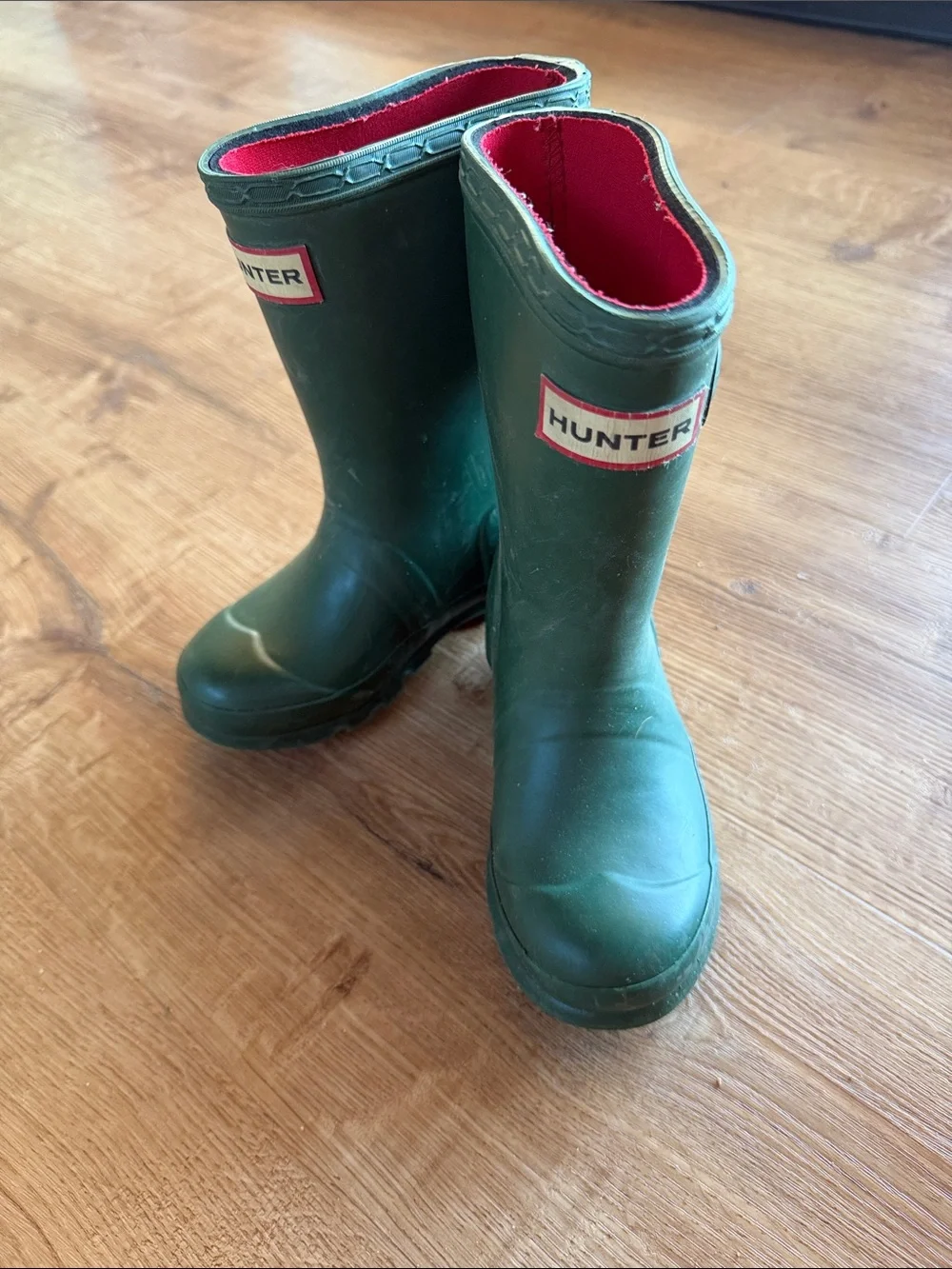 Hunter Green Kids Rain Boots with Red Interior